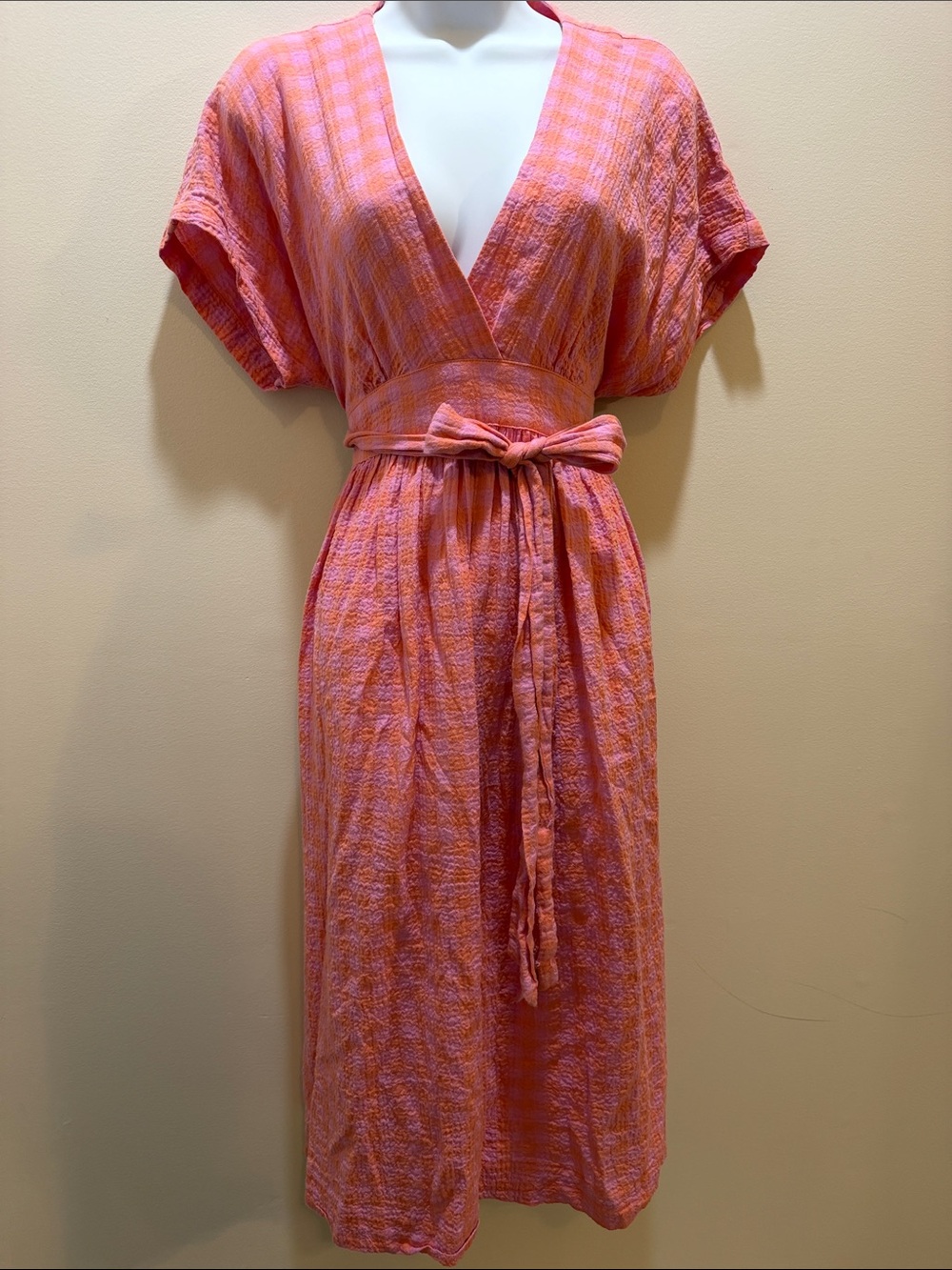 Hatch Pink-Orange Wrap Midi Dress with Self-Tie Waist
